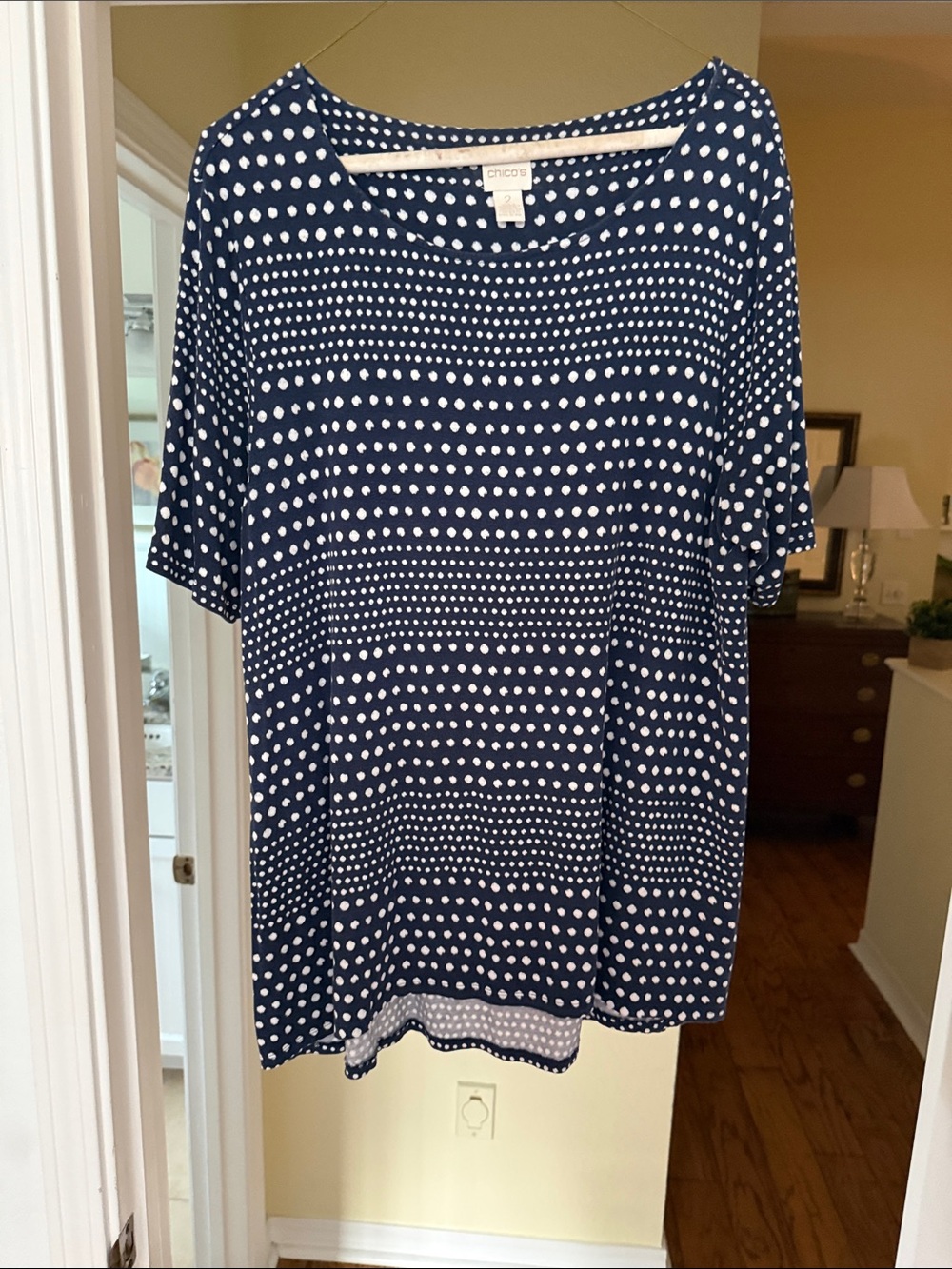 Chico's Navy & White Polka Dot Short Sleeve Top